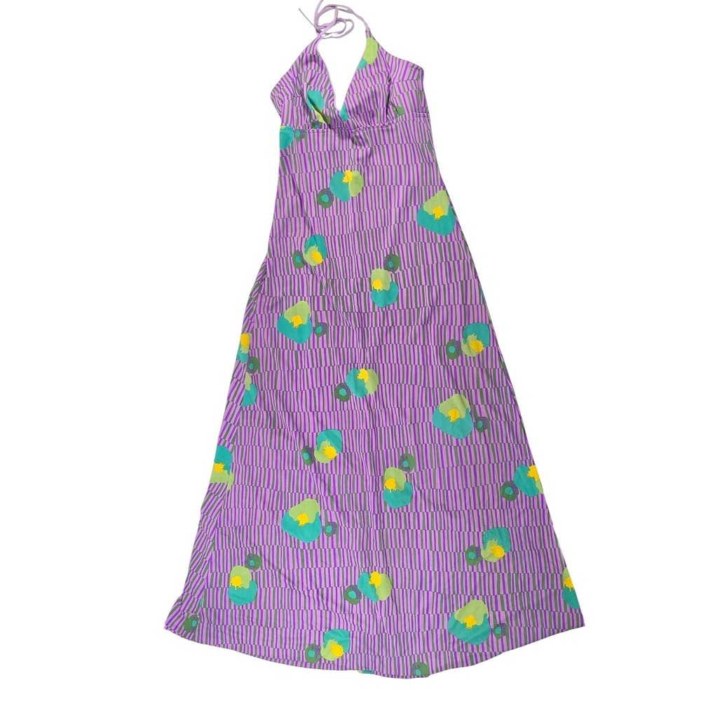 Vintage Purple Geometric Floral Halter Maxi Dress Open Back Retro 70s Style XS